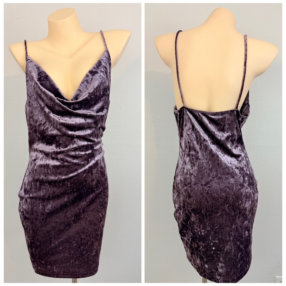Grunge Fairycore Dress L Purple Crushed Velvet Cowl Neck Bodycon VTG Y2K